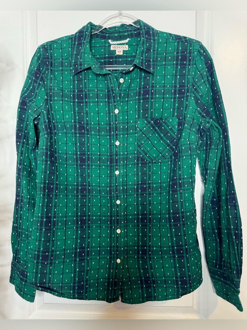 Merona Green and Navy Plaid Button-Down Shirt fall holiday 100% cotton sz MD